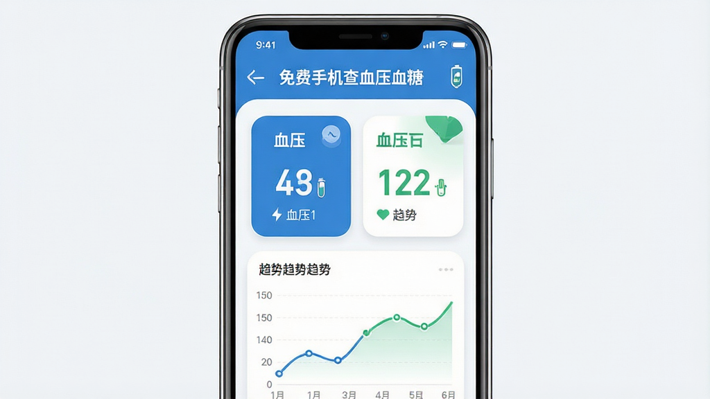 手机屏幕中央展示“免费手机查血压血糖”应用主界面,界面布局为顶部标题栏、中部血压血糖数值卡片、底部趋势折线图,排版简洁清晰,风格为现代医疗健康类App扁平化设计,细节包含蓝色与绿色主色调、圆角卡片、数字大号字体,画质高清,干净,无多余元素