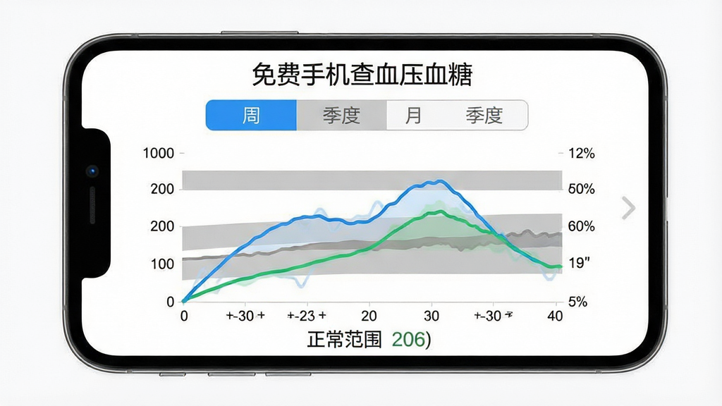 手机屏幕展示“免费手机查血压血糖”的趋势图表页面,布局为顶部标签切换周月季度、中部折线图展示血压血糖双曲线、底部正常范围标注,排版清晰对称,风格为专业医疗数据可视化,细节包含蓝色血压曲线、绿色血糖曲线、灰色参考带,画质高清,干净,无多余元素