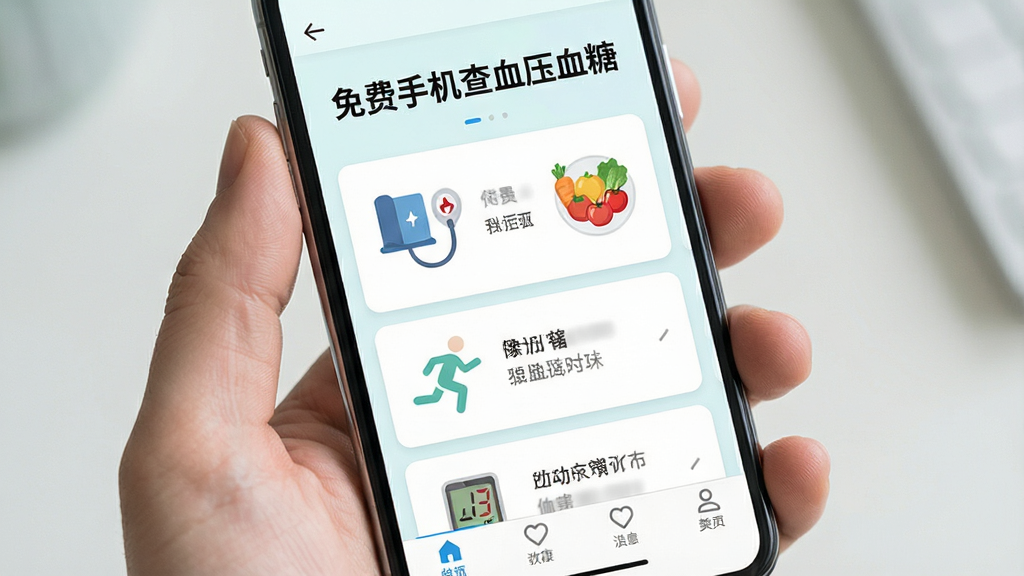 手机屏幕展示“免费手机查血压血糖”的健康知识页面,布局为顶部标题、中部图文卡片列表、底部导航栏,排版为卡片式纵向滚动,风格为清新科普阅读界面,细节包含血压计图标、食物图标、运动图标、浅色背景,画质高清,干净,无多余元素