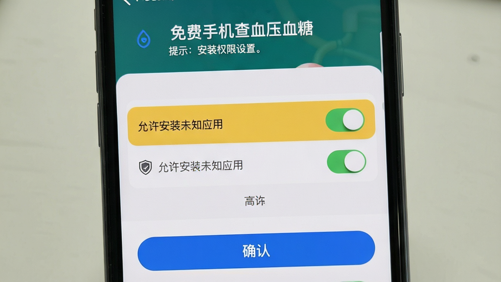 手机屏幕展示“免费手机查血压血糖”的安装权限设置界面,布局为顶部提示文字、中部权限开关列表、底部确认按钮,排版为系统设置风格,细节包含“允许安装未知应用”开关高亮、盾牌安全图标、浅色背景,画质高清,干净,无多余元素