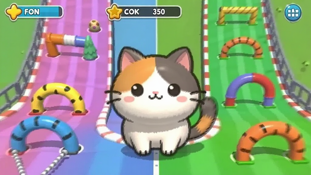 画面中央是一只圆润可爱的猫咪角色,背景分成南北两条彩色赛道,赛道上有各种卡通障碍物,上方有分数显示,整体风格为萌系卡通,色彩鲜艳明快,布局为竖版手机游戏界面,细节包括猫耳朵、小尾巴、动态模糊效果,画质清晰干净,无多余杂乱元素