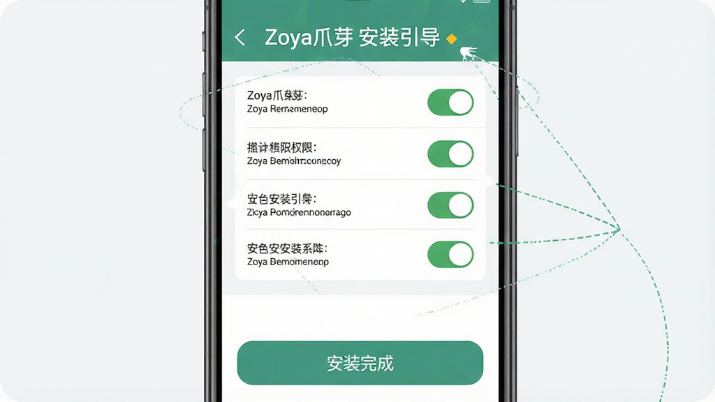 一张展示Zoya爪芽新手操作提示的图片,主体为手机屏幕中显示权限设置与安装引导界面,布局为上下结构,上方为权限开关列表,下方为安装完成按钮,排版清晰直观,风格为扁平化设计,细节包括开关按钮状态、提示文字、图标简洁,画质高清干净,无多余元素,图片中文字为“Zoya爪芽 安装引导”