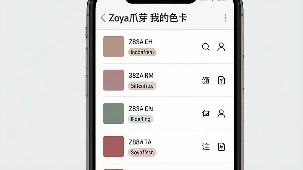 一张展示Zoya爪芽色卡收藏管理功能的图片,主体为手机屏幕中显示个人色卡库列表,布局为纵向列表式,每个色卡条目包含色块、色号名称、品牌标签与备注图标,排版整齐清晰,风格为素雅极简风格,细节包括列表分割线、色块大小一致、图标简洁,画质高清干净,无多余元素,图片中文字为“Zoya爪芽 我的色卡”
