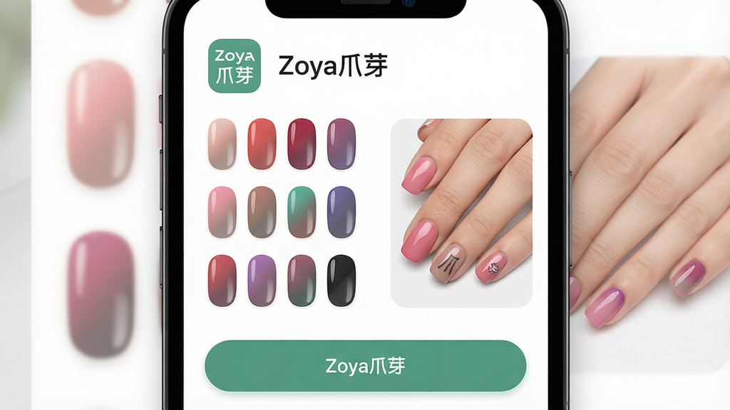 一张展示Zoya爪芽软件主界面的图片,主体为手机屏幕中显示美甲色卡与虚拟试色功能,布局采用居中构图,手机屏幕上方有Zoya爪芽应用图标与名称文字,屏幕内展示多个甲油色块和一只手部试色效果图,排版简洁清晰,风格为现代扁平化设计,细节包括色块渐变、手部模型自然、界面按钮圆润,画质高清干净,无多余元素,图片中文字为“Zoya爪芽”