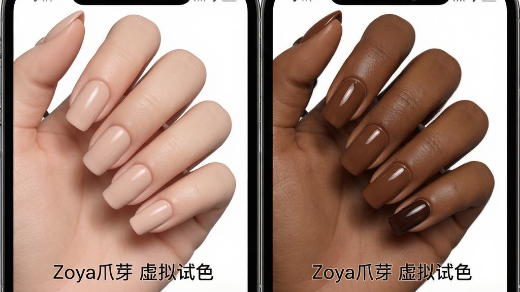 一张展示Zoya爪芽虚拟试色功能的图片,主体为手机屏幕中一只手部模型正在试涂不同甲油颜色,布局为左右分屏对比,左侧为浅肤色试色效果,右侧为深肤色试色效果,排版整齐对称,风格为写实渲染风格,细节包括甲面光泽感、肤色纹理自然、色块边缘清晰,画质高清干净,无多余元素,图片中文字为“Zoya爪芽 虚拟试色”