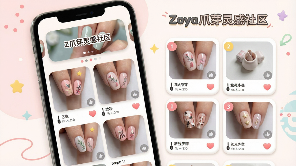 一张展示Zoya爪芽灵感社区与教程功能的图片,主体为手机屏幕中显示美甲成品图瀑布流与教程步骤卡片,布局为顶部轮播图加下方双列网格,排版活泼有序,风格为柔和圆角风格,细节包括图片圆角、点赞按钮、步骤序号标识,画质高清干净,无多余元素,图片中文字为“Zoya爪芽 灵感社区”