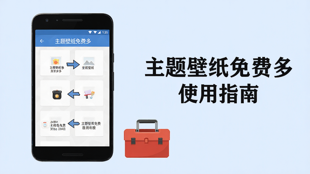 一部安卓手机屏幕上显示“主题壁纸免费多”应用的使用教程界面,画面中有步骤指引箭头,手机旁边放着一个小工具箱图标,背景为淡蓝色,风格简洁清晰,画面中文字标注“主题壁纸免费多 使用指南”,画质高清,干净无多余元素