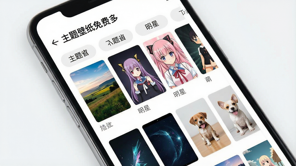 一张展示手机应用资源库界面的图片,画面中一部手机屏幕显示着“主题壁纸免费多”应用的分类页面,页面中有风景、动漫、明星、萌宠等多个分类标签,每个分类下方排列着精美的壁纸缩略图,界面设计简洁清爽,背景为白色,整体排版整齐,风格现代简约,画质清晰干净,无多余元素