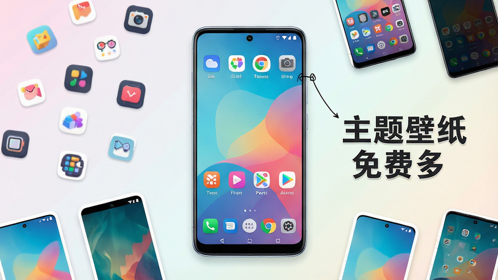 一张手机桌面美化场景的展示图,画面中央是一部安卓手机,手机屏幕显示着色彩鲜艳的主题壁纸和整齐排列的个性图标,手机周围散落着各种风格的小图标和壁纸缩略图,背景是柔和的浅色渐变,整体风格清新明快,细节丰富,画质高清干净,画面中文字标注“主题壁纸免费多”,无多余元素