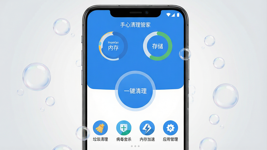 һ��չʾ��׿�ֻ���Ļ��ͼƬ����Ļ������ʾ�����������ܼҡ�APP�����棬����������ɫ��Ϊ�����������ֻ��ڴ�ʹ洢ռ�û���ͼ���м���һ�����Բ�Ρ�һ����������ť���·�����������������������ɱ���ڴ���١�Ӧ�ù����ĸ�����ͼ�ꡣ�����Ǹɾ���ǳ�ҽ��䣬�ֻ���Χ��΢�������������Ч����������ˬ����UI�Ű����룬�����������ɾ��޶���Ԫ�أ�ͼƬ�����ֱ�����������������ܼҡ�