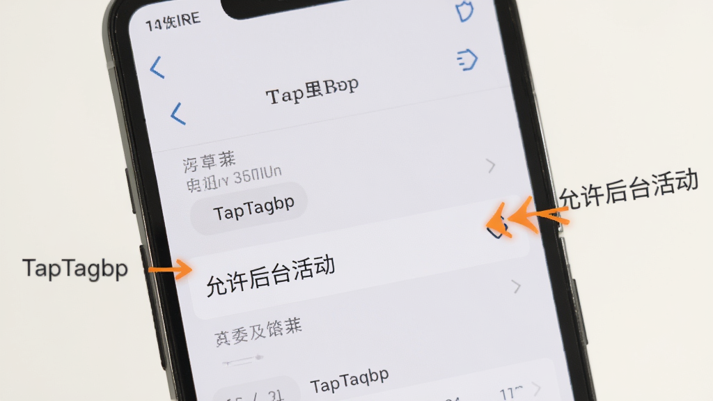 一部手机展示TapTaqbp在电池优化白名单中的设置界面,旁边有箭头指向“允许后台活动”选项,背景为浅色,风格为教程示意风格,细节上突出设置路径的清晰指引,画质干净,无多余元素