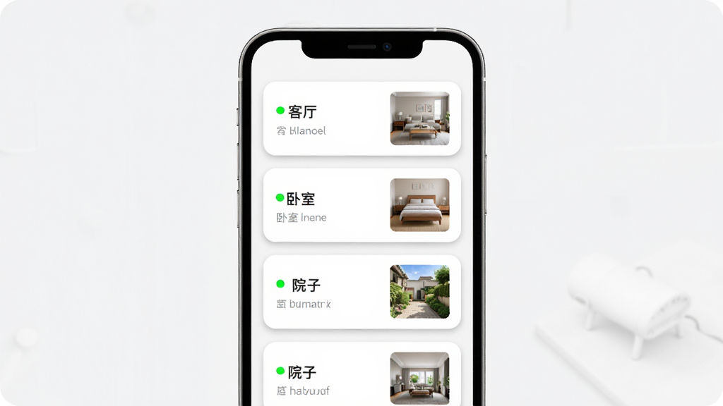 软件陪你安多设备管理界面,主体为手机屏幕显示设备列表,列表中有“客厅”“卧室”“院子”等卡片,每个卡片上有在线状态小绿点和缩略图,布局为垂直列表,风格为简约卡片式设计,细节上卡片有轻微的阴影和圆角,画质为高清,干净,无多余元素