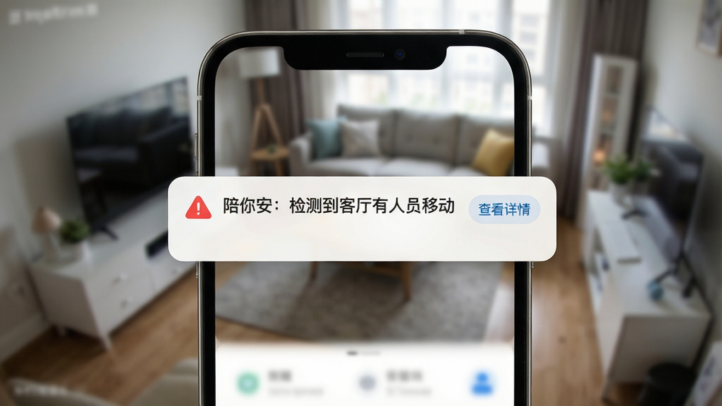 软件陪你安智能告警推送界面,画面主体是一部手机弹出通知横幅,通知内容显示“陪你安:检测到客厅有人员移动”,手机背景是模糊的客厅监控画面,布局为居中特写,风格为现代扁平化UI风格,细节上通知栏有红色的告警图标和“查看详情”按钮,画质为超清,干净,无多余元素