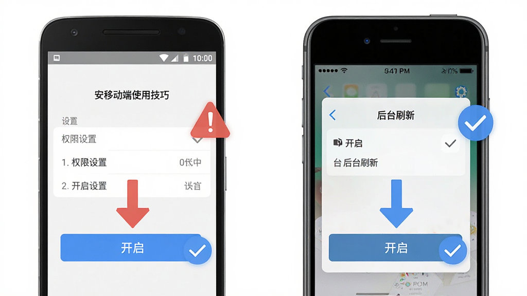 软件陪你安移动端使用技巧示意图,画面展示一部安卓手机和一部苹果手机并排,屏幕上分别显示权限设置界面和后台刷新界面,有箭头指向“开启”按钮,布局为左右对比,风格为教程图解式,细节上有红色的警示图标和蓝色的对勾图标,画质为清晰,干净,无多余元素