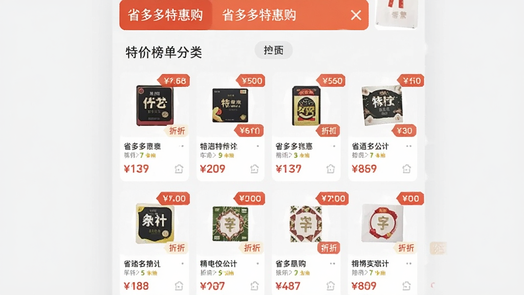 画面主体为省多多特惠购应用内的特价榜单页面,展示一排排带有价格标签的商品卡片。布局采用纵向列表形式,卡片整齐排列,顶部有分类标签。排版清晰,信息层级分明。风格为清爽的UI界面展示图。细节上,商品卡片包含缩略图、名称、现价与折扣标签,背景为干净的浅灰色。画质高清,画面干净,无多余元素。
