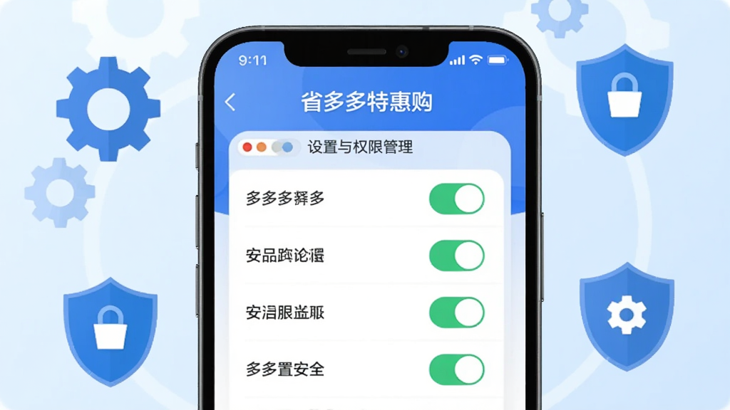 主体为一部手机屏幕特写,屏幕上显示省多多特惠购的设置与权限管理界面,有多个权限开关按钮。布局为手机正面平放,周围有齿轮和盾牌图标环绕。排版简洁,信息一目了然。风格为科技感扁平插画。细节上,权限开关有开有关,盾牌图标代表安全,齿轮代表设置,背景为淡蓝色渐变。画质高清,画面干净,无多余元素。