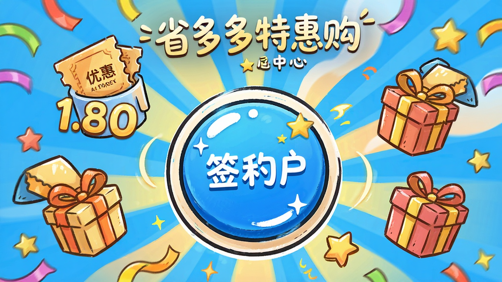 主体为省多多特惠购的签到与积分中心界面,画面中央是一个圆形的签到按钮,周围环绕着积分数字和礼物盒图标。布局采用中心辐射式构图。排版活泼,色彩明快。风格为卡通手绘风格。细节上,签到按钮有高光效果,积分数字醒目,礼物盒半开露出优惠券,背景有彩带和星星点缀。画质高清,画面干净,无多余元素。