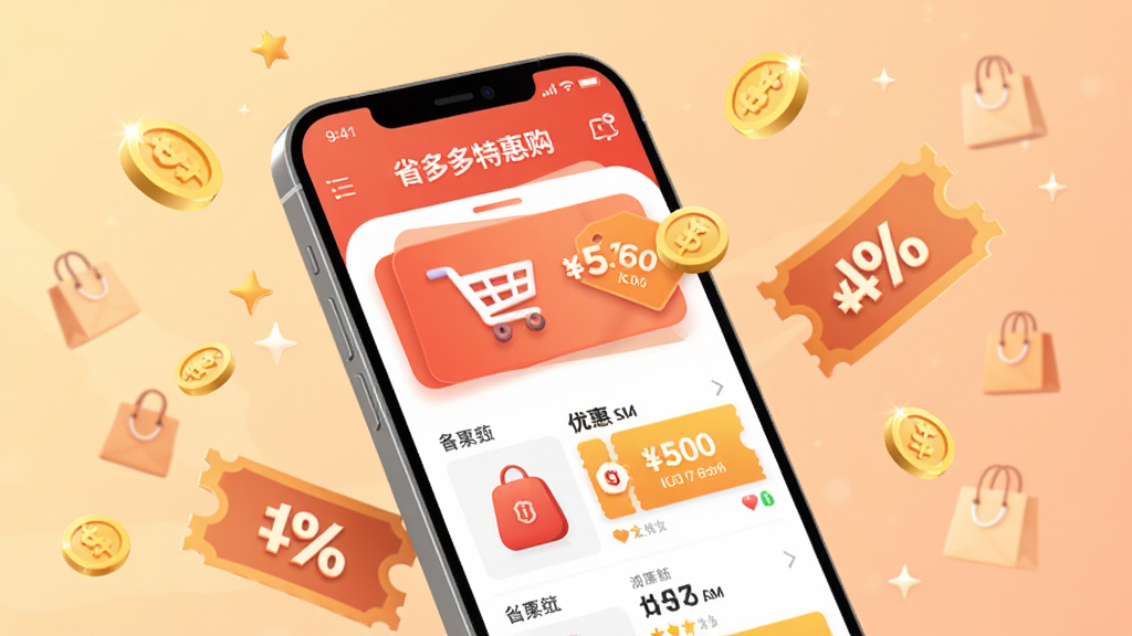 主体为一部智能手机,屏幕上显示着省多多特惠购的首页界面,界面中有购物车图标和价格标签元素。布局采用居中构图,手机微微倾斜,周围环绕着漂浮的金币和折扣券图形。排版注重层次感,背景为柔和的暖色调渐变。风格为现代扁平化3D插画风格。细节上,手机屏幕内展示商品列表和优惠券标签,金币带有光泽感,背景点缀着细小的星星和购物袋图标。画质高清,画面干净,无多余元素。