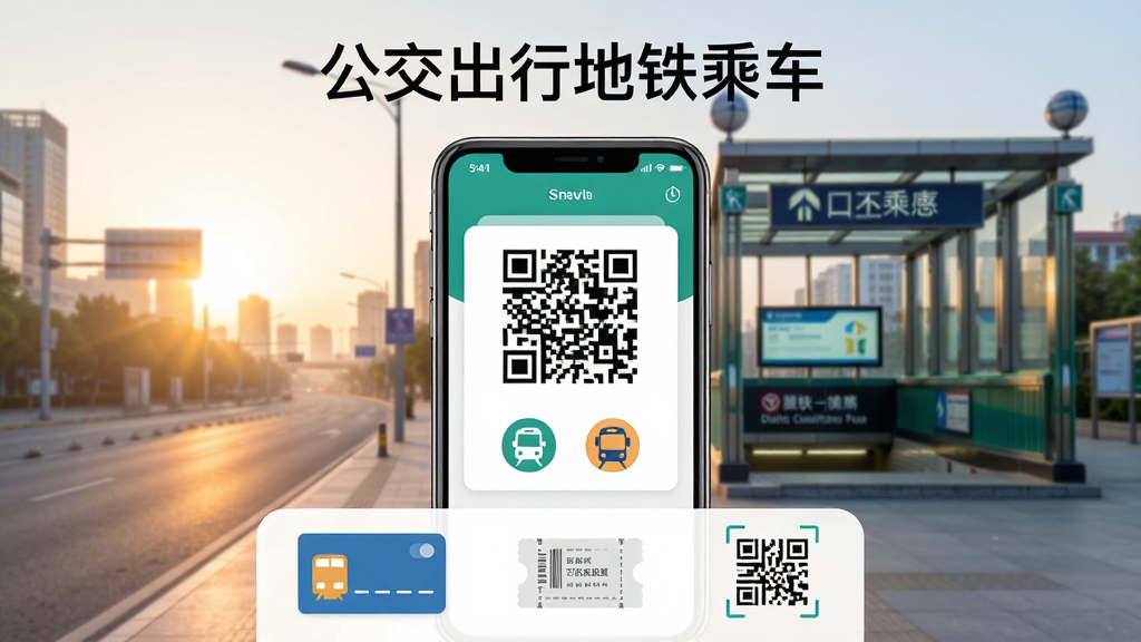 软件主界面展示,标题为“公交出行地铁乘车”,画面中央是一部智能手机,屏幕显示乘车码二维码与公交地铁图标,背景为城市清晨街道与地铁站入口,布局简洁清晰,上方为软件名称,下方为功能按钮,风格现代扁平化,细节包含公交卡、地铁票、扫码标识,画质高清,干净,无多余元素