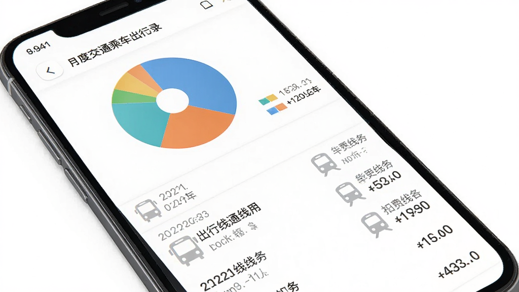 公交出行地铁乘车出行记录页面,手机屏幕显示月度交通费用统计图表与乘车记录列表,画面中包含公交、地铁小图标与金额数字,布局上下结构,上方为饼状图,下方为明细列表,风格商务简洁,细节包含日期、线路名称与扣费金额,画质高清,干净,无多余元素