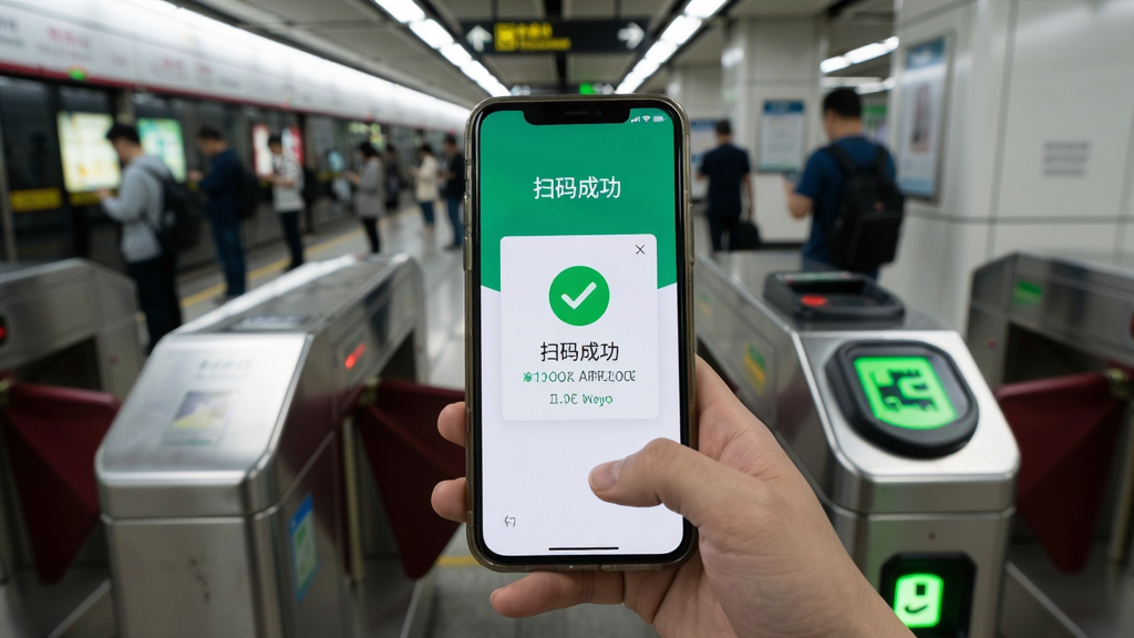 用户手持手机在地铁闸机前使用公交出行地铁乘车扫码,手机屏幕显示绿色对勾与“扫码成功”字样,画面背景为地铁站台与进站人群,布局以手机为中心,风格生活化写实,细节包含闸机指示灯、手机握持手势与乘车码界面,画质高清,干净,无多余元素