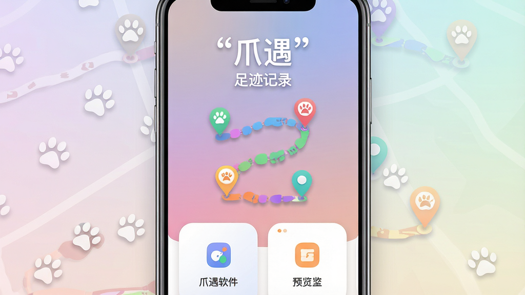 爪遇软件主界面预览图,主体为一部智能手机屏幕,屏幕中央显示一条彩色足迹路线图,路线两侧点缀着爪印图标和位置标记点,布局简洁居中,排版采用上下结构上方为应用名称下方为功能卡片,风格为现代扁平化设计,细节包括柔和的渐变背景、圆角图标、细腻的阴影层次,画质高清干净无多余元素,图中文字使用引号标注“爪遇”和“足迹记录”