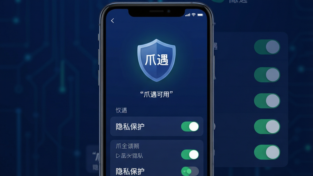 爪遇应用的隐私安全设置界面,主体为手机屏幕显示盾牌图标和权限开关列表,布局为居中对称排版,风格为科技简约风,细节包括深蓝色背景、绿色安全标识、清晰的开关按钮,画质高清干净无多余元素,图中文字使用引号标注“爪遇”和“隐私保护”