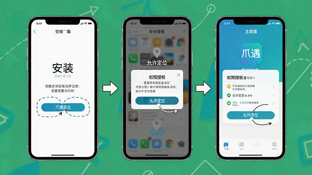 爪遇应用在手机上的安装与权限设置步骤示意图,主体为三台手机屏幕并排展示,分别显示安装界面、权限授权弹窗和主界面,布局为横向排列,排版清晰有序,风格为教程图解风,细节包括箭头指示、高亮按钮、简洁文字说明,画质高清干净无多余元素,图中文字使用引号标注“爪遇”和“允许定位”