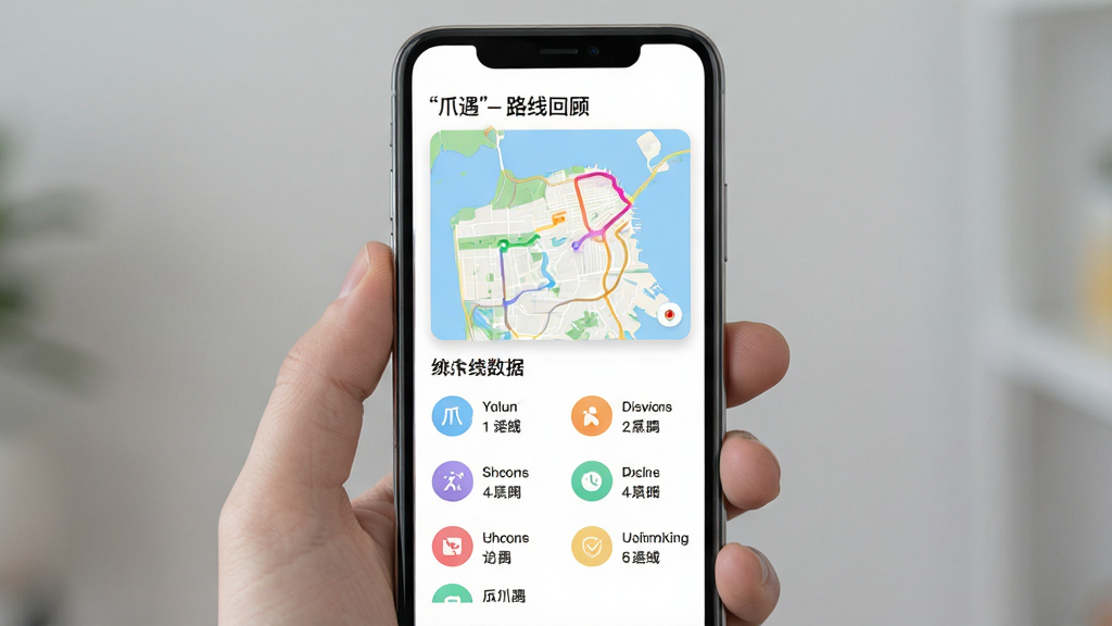 爪遇应用生成的可视化路线回顾卡片展示,主体为一张带有地图路线和统计数据的卡片界面,布局为卡片居中放置在手机屏幕内,排版采用上下分区上方为地图下方为数据列表,风格为清新扁平化设计,细节包括彩色路线渐变、圆形数据图标、柔和的背景色块,画质高清干净无多余元素,图中文字使用引号标注“爪遇”和“路线回顾”