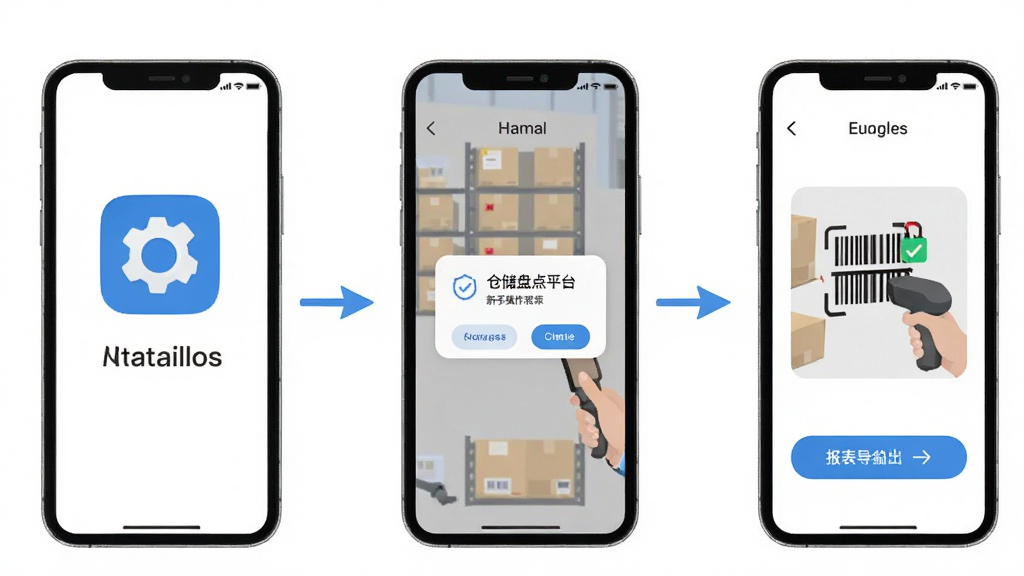 仓储盘点平台新手操作流程图,画面以手机界面截图串联形式展示从安装到盘点的完整步骤,布局为纵向时间轴排列,风格为扁平化教程风,细节包含安装图标、权限弹窗、扫码动作、报表导出按钮,画质清晰,干净,无多余元素