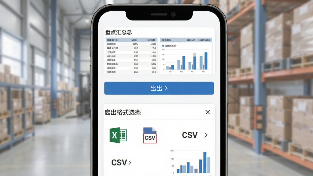 仓储盘点平台数据报表导出界面,画面展示手机屏幕上的盘点汇总表格与导出按钮,布局采用上下结构,上方为报表缩略图,下方为导出格式选择菜单,风格为清爽办公风,细节包含Excel图标、CSV文字、数据柱状图,画质清晰,干净,无多余元素