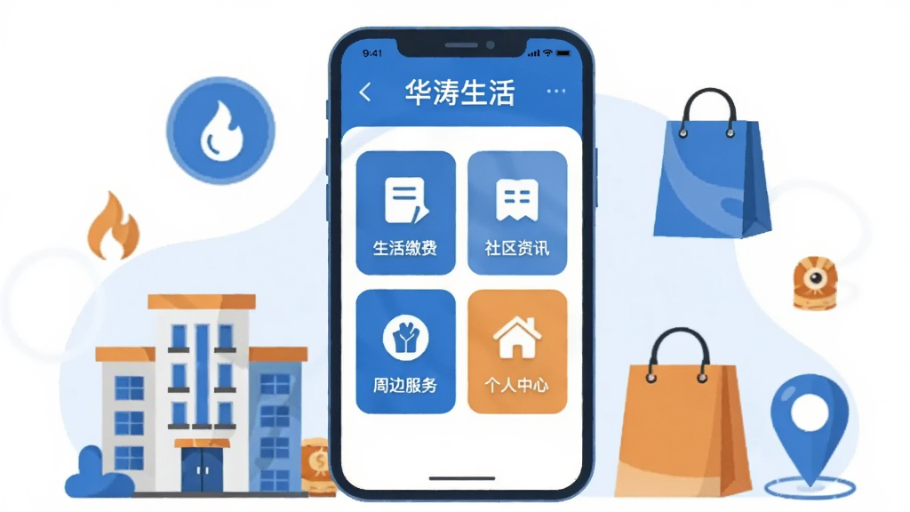 画面中央放置一部智能手机,手机屏幕内展示“华涛生活”应用主界面,界面包含生活缴费、社区资讯、周边服务、个人中心四个主要图标模块,手机周围环绕水电燃气图标、社区楼房、购物袋、定位图钉等生活元素,整体采用扁平化插画风格,蓝白为主色调,点缀暖橙色,背景干净简洁,画质清晰,无多余杂乱元素
