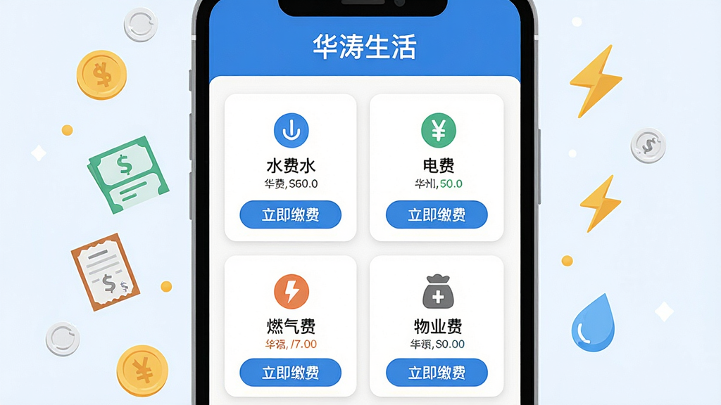 画面中心为“华涛生活”应用内的生活缴费页面,页面清晰展示水费、电费、燃气费、物业费四个缴费卡片,每张卡片配有对应图标和“立即缴费”按钮,手机屏幕上方有“华涛生活”文字标识,周围漂浮硬币、账单、闪电、水滴等小图标,整体为清爽的扁平化设计,蓝白配色,画质干净,无多余元素