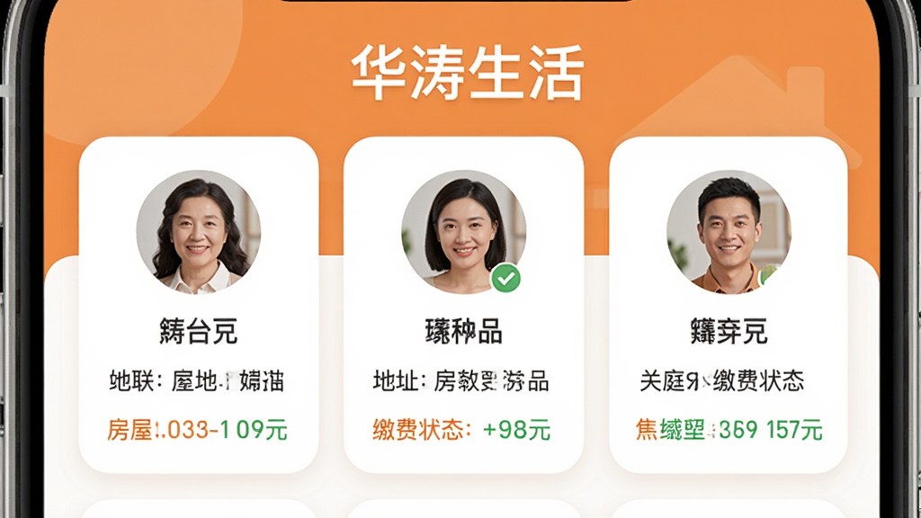 画面展示“华涛生活”应用内的家庭账户管理界面,界面中列出三位家庭成员的头像和姓名,每人下方显示关联的房屋地址与缴费状态,顶部有“华涛生活”文字,整体采用圆角卡片式设计,暖色调,画质干净,无多余元素