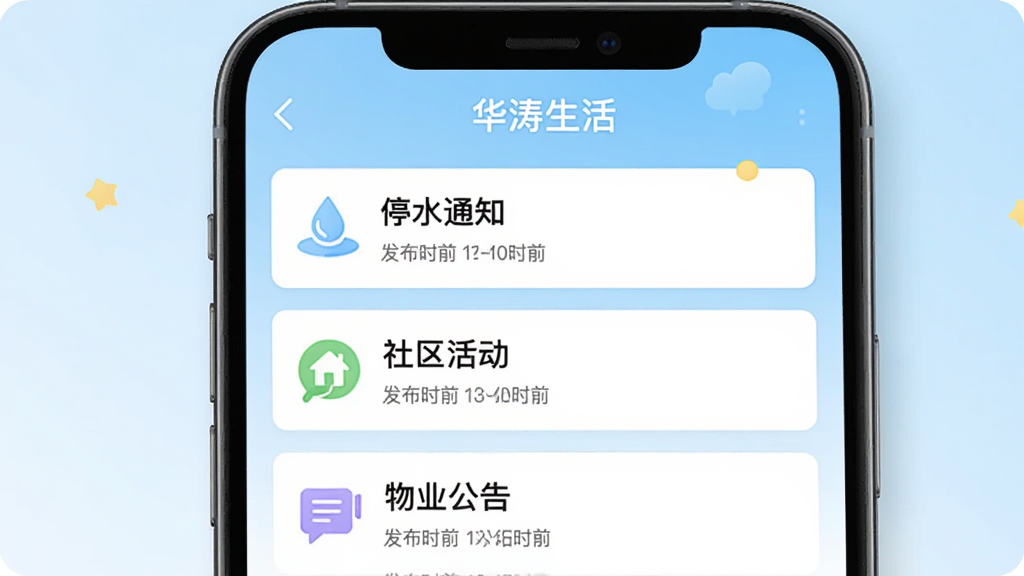 画面展示“华涛生活”应用内的社区资讯列表页面,页面内有多条通知卡片,卡片标题分别为“停水通知”“社区活动”“物业公告”,每条卡片配有发布时间和小图标,手机界面顶部有“华涛生活”字样,背景为浅蓝色渐变,整体风格简洁明快,画质清晰,无杂乱内容
