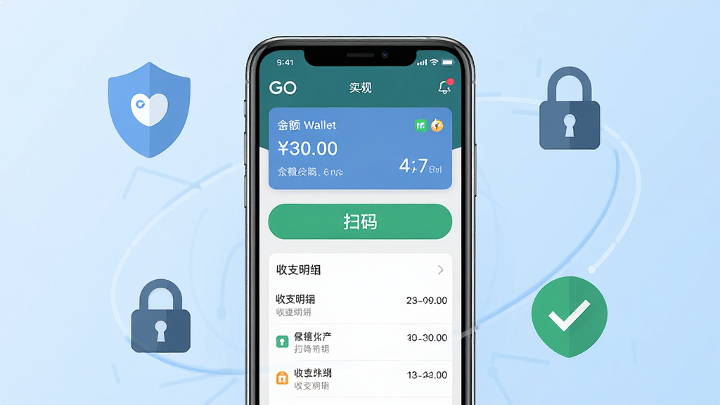 一张展示Go钱包核心全貌的图片,画面中央放置一部智能手机,手机屏幕上显示Go钱包App主界面,界面中包含余额卡片、扫码按钮、收支明细列表等元素,背景为浅蓝色渐变,周围环绕盾牌、锁、对勾等安全图标,整体风格简洁现代,扁平化设计,画面干净整洁,无多余装饰元素,高清画质,适合软件下载站展示。