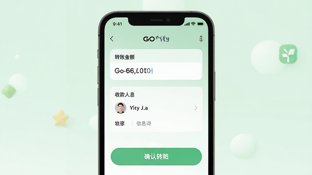 一部手机屏幕展示Go钱包的转账页面,页面中包含转账金额输入框、收款人信息栏、确认转账按钮等元素,背景为浅绿色清新风格,界面简洁友好,画质高清,干净无多余元素。