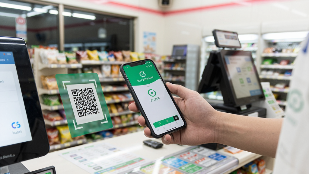一个人站在便利店收银台前,手持智能手机使用Go钱包App扫描二维码完成支付,手机屏幕显示支付成功界面,画面明亮清晰,便利店环境真实自然,风格写实摄影,细节丰富,画质高清,干净无多余元素。