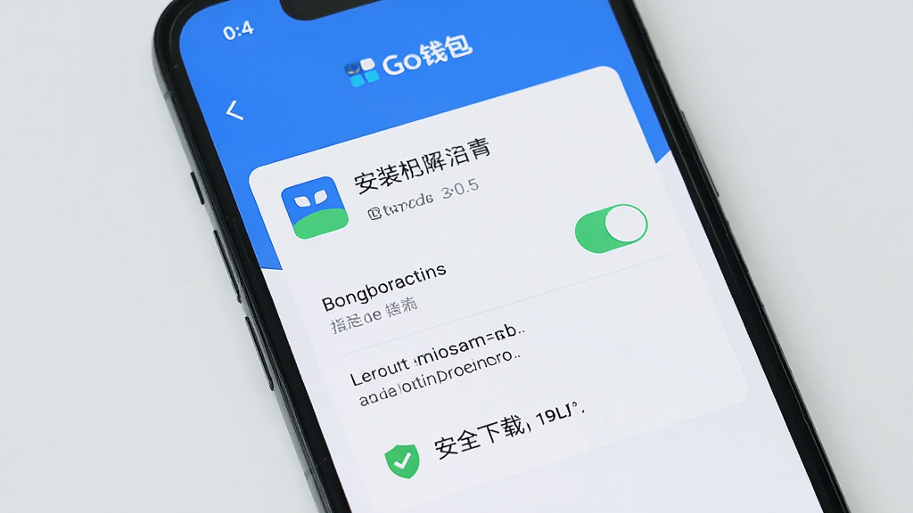 一部手机屏幕显示Go钱包的安装引导页面,页面中包含权限设置开关、存储空间提示、安全下载标识等元素,背景为浅灰色简洁风格,画面干净整洁,高清画质,无多余装饰。
