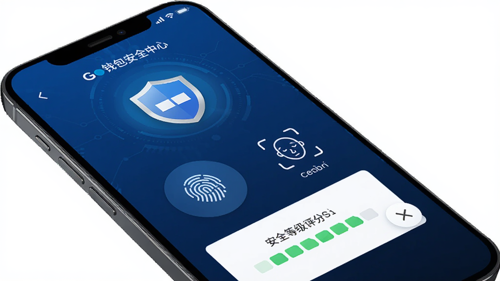 一部智能手机屏幕显示Go钱包的安全中心页面,页面中包含盾牌图标、指纹识别按钮、面部识别图标、安全等级评分等元素,背景为深蓝色科技感渐变,风格安全可靠,细节精致,画质高清,干净无多余元素。
