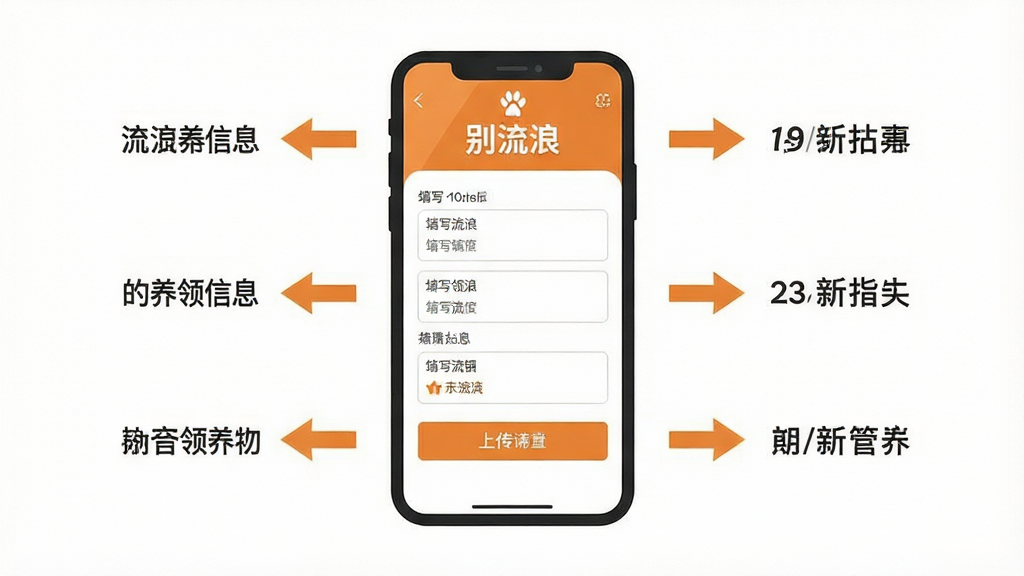 一张简洁明了的操作流程图风格配图,画面主体是手机屏幕展示别流浪APP的发布领养信息界面,布局为手机居中、周围有箭头指向各个填写步骤,排版清晰有序,风格为扁平化UI示意图,细节包括界面中写有“别流浪”标题、填写框和上传按钮、整体色调为暖橙色系,画质干净无多余元素