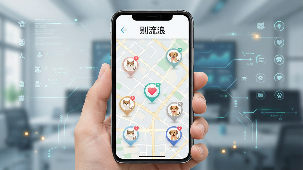 一张信息图表风格的配图,画面主体是手机屏幕显示地图界面,地图上有多个猫咪和狗狗的图标标记,布局为手机居中展示,排版清晰,风格为现代简约科技风,细节包括地图背景为浅色街道网格、图标带有爱心元素、屏幕上方写有“别流浪”应用名称,画质高清干净无多余元素
