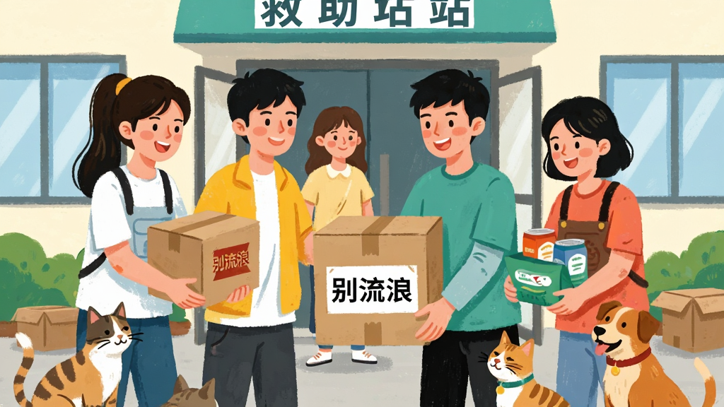 一张清新明快风格的配图,画面主体是几位年轻人正在救助站搬运宠物粮食和用品,背景是救助站门口,布局为人物群像居中,排版活泼,风格为明亮插画风,细节包括纸箱上写有“别流浪”标志、人物面带微笑、周围有猫狗环绕,画质干净清晰无多余元素