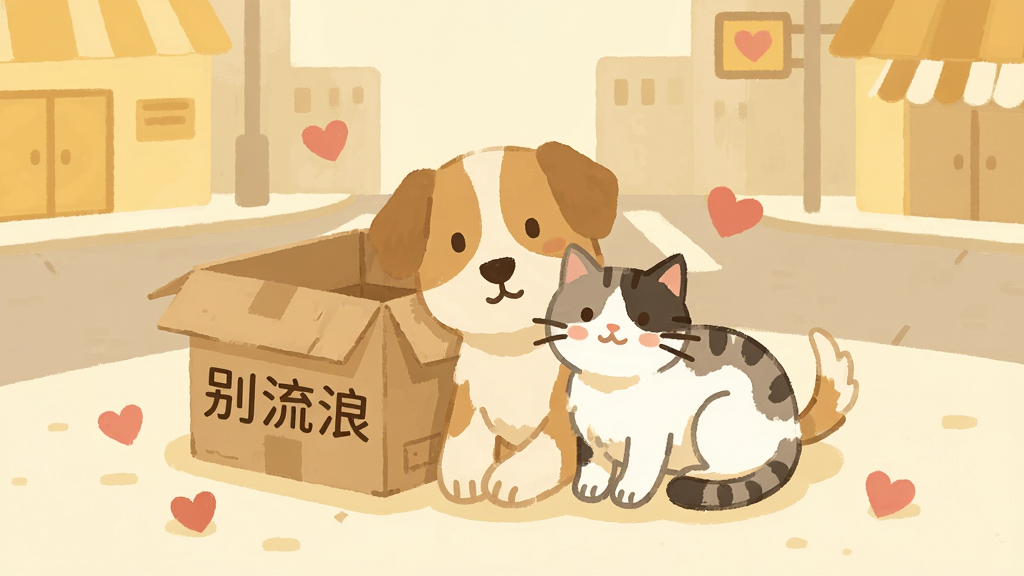 一张温暖治愈风格的插画,画面主体是一只可爱的流浪狗和一只流浪猫依偎在纸箱旁,背景是城市街角,整体色调柔和偏暖黄,布局为居中构图,排版简洁,风格为扁平化插画,细节包括纸箱上写有“别流浪”字样、周围散落几颗爱心,画质清晰干净无多余元素
