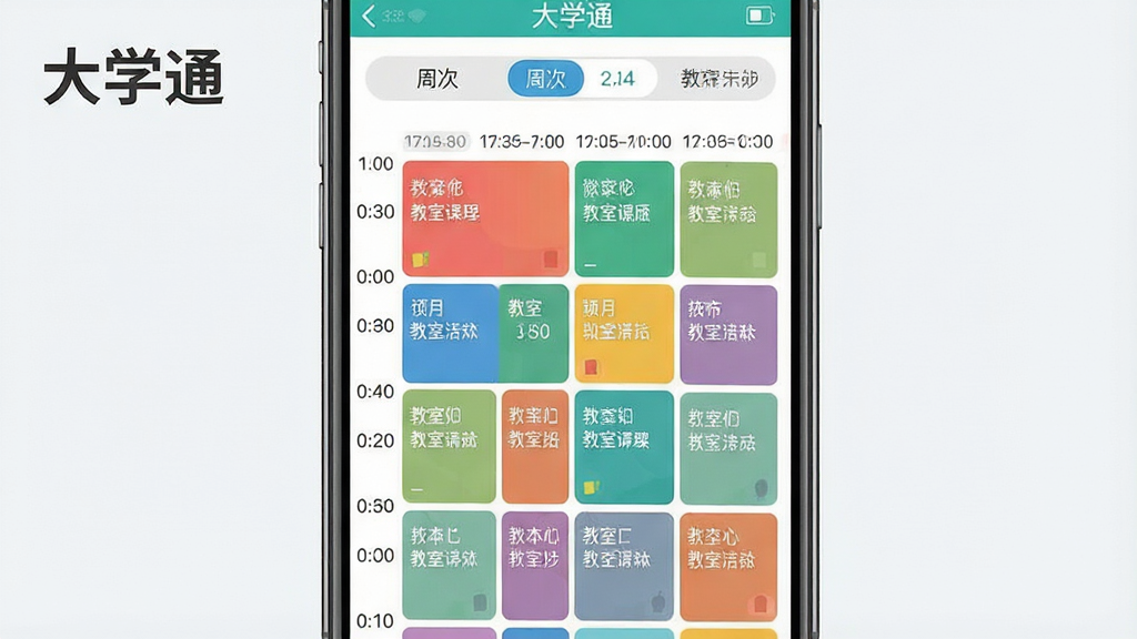 һ�Ŵ�ѧͨAPP�γ̱����ܽ���չʾͼ������Ϊ�ֻ���Ļ��д���У���Ļ����ʾ��ɫ�γ̱����񲼾֣�����Ϊ�Ϸ��ܴ��л������·��γ̸��ӣ��Ű��������򣬷��Ϊ����У԰���ƽ����ƣ�ϸ�ڰ�����ͬ��ɫ�Ŀγ̿�Ƭ�������������֡�ʱ�����ע�������д�����