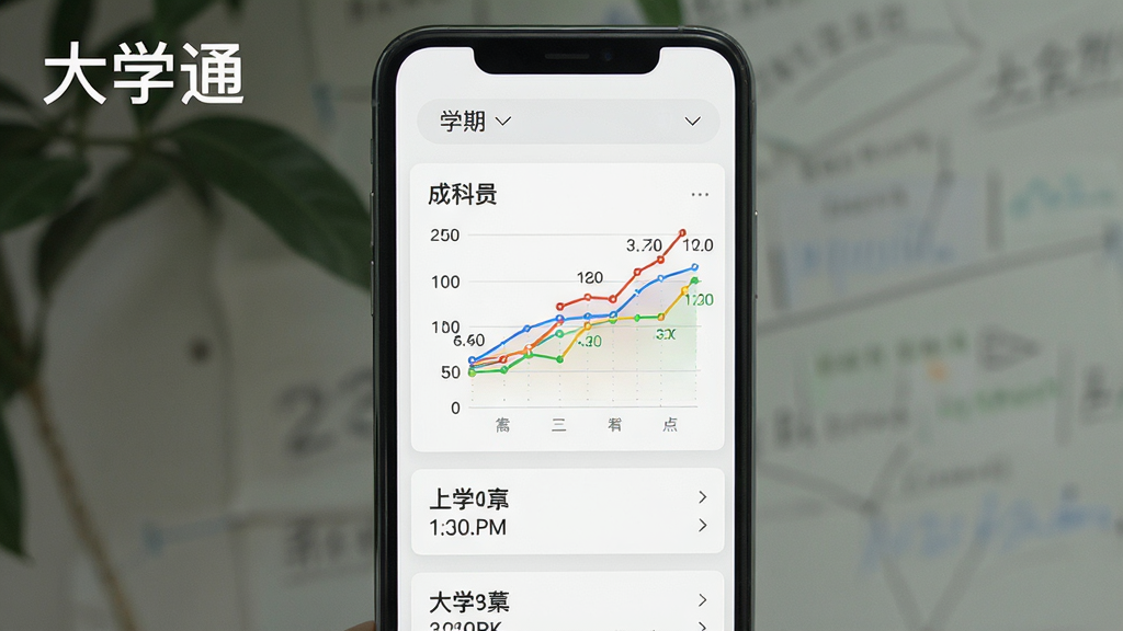һ�Ŵ�ѧͨAPP�ɼ���ѯҳ��չʾͼ������Ϊ�ֻ���Ļ������У���Ļ����ʾ�ɼ��б��ͼ�������ͼ������Ϊ�Ϸ�ѧ��ѡ�������·��ɼ���Ƭ�б����Ű����������Ϊ��Լ���ݿ��ӻ����ϸ�ڰ����������֡���Ŀ���ơ���ɫ����ͼ�������ע�������д�����