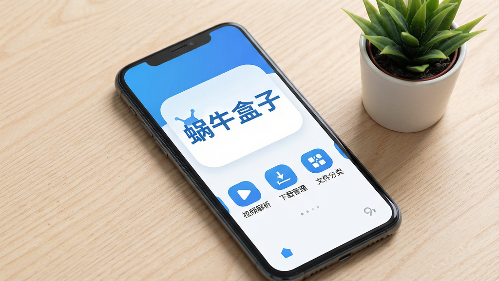 一张展示蜗牛盒子软件主界面的手机屏幕截图,画面中央是软件名称“蜗牛盒子”四个大字,下方排列着视频解析、下载管理、文件分类等图标按钮,整体采用蓝白清新配色,界面干净整洁,手机放置在一张浅色木纹桌面上,旁边有一盆小绿植作为点缀,整体风格简约现代,高清画质,无多余杂乱元素
