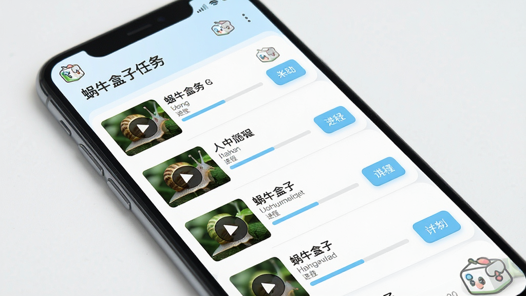 一张以“蜗牛盒子”软件界面为主题的手机UI设计展示图,画面中手机屏幕显示下载任务列表页面,每个任务条目包含视频封面缩略图、文件名、进度条和操作按钮,界面配色以白色和浅蓝色为主,字体清晰,布局整齐,整体风格清爽简约,高清画质,无杂乱元素