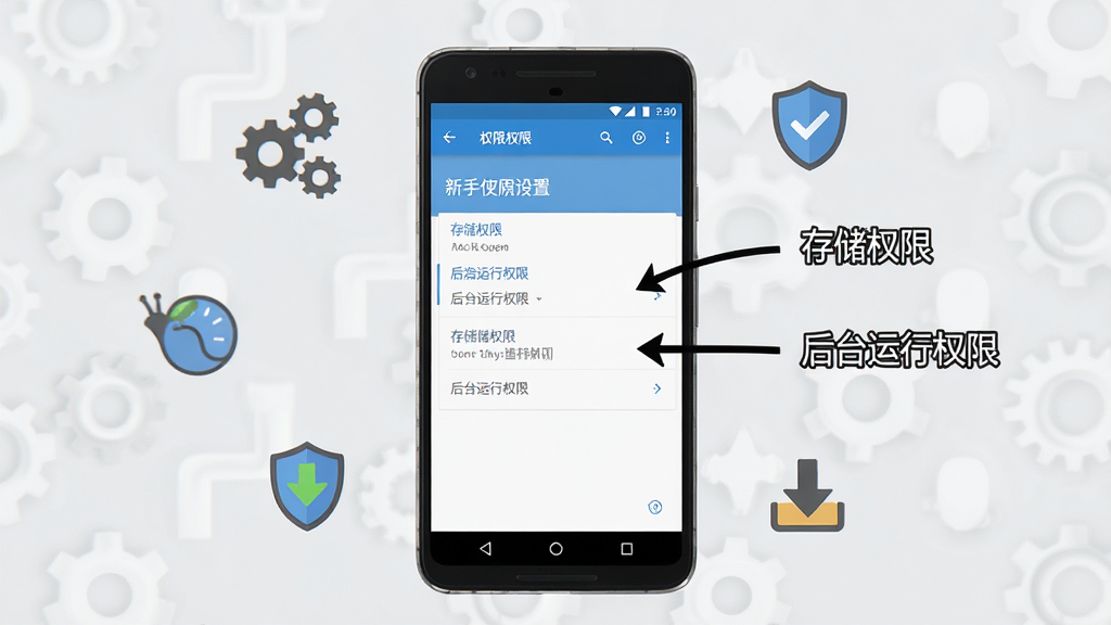 一张以蜗牛盒子新手使用教程为主题的手机操作示意图,画面中一部安卓手机屏幕显示权限设置页面,旁边用箭头标注出“存储权限”“后台运行权限”等关键选项,手机周围环绕着齿轮、盾牌、下载箭头等小图标,背景为浅灰色,风格简洁清晰,画质干净,无多余装饰