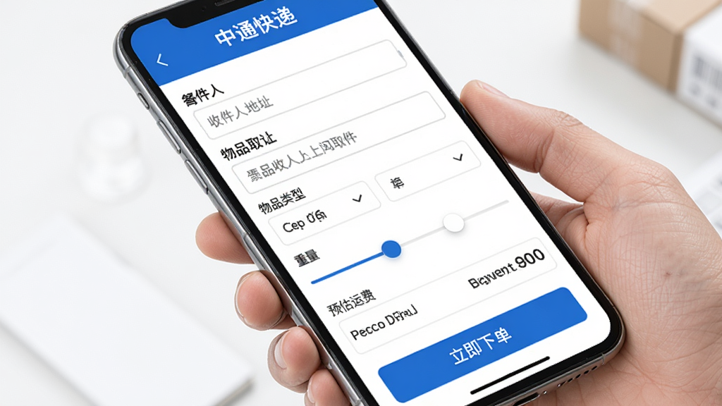 中通快递上门取件下单页面,手机屏幕展示寄件表单,包含寄件人、收件人地址输入框,物品类型选择,重量滑块,预估运费显示,底部有立即下单按钮,页面风格清爽商务,蓝白配色,画质干净,无杂乱元素